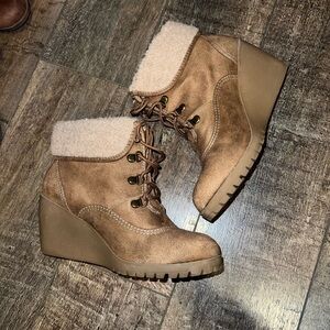 Mudd Brown Wedge Ankle Boots with Cream Cuff